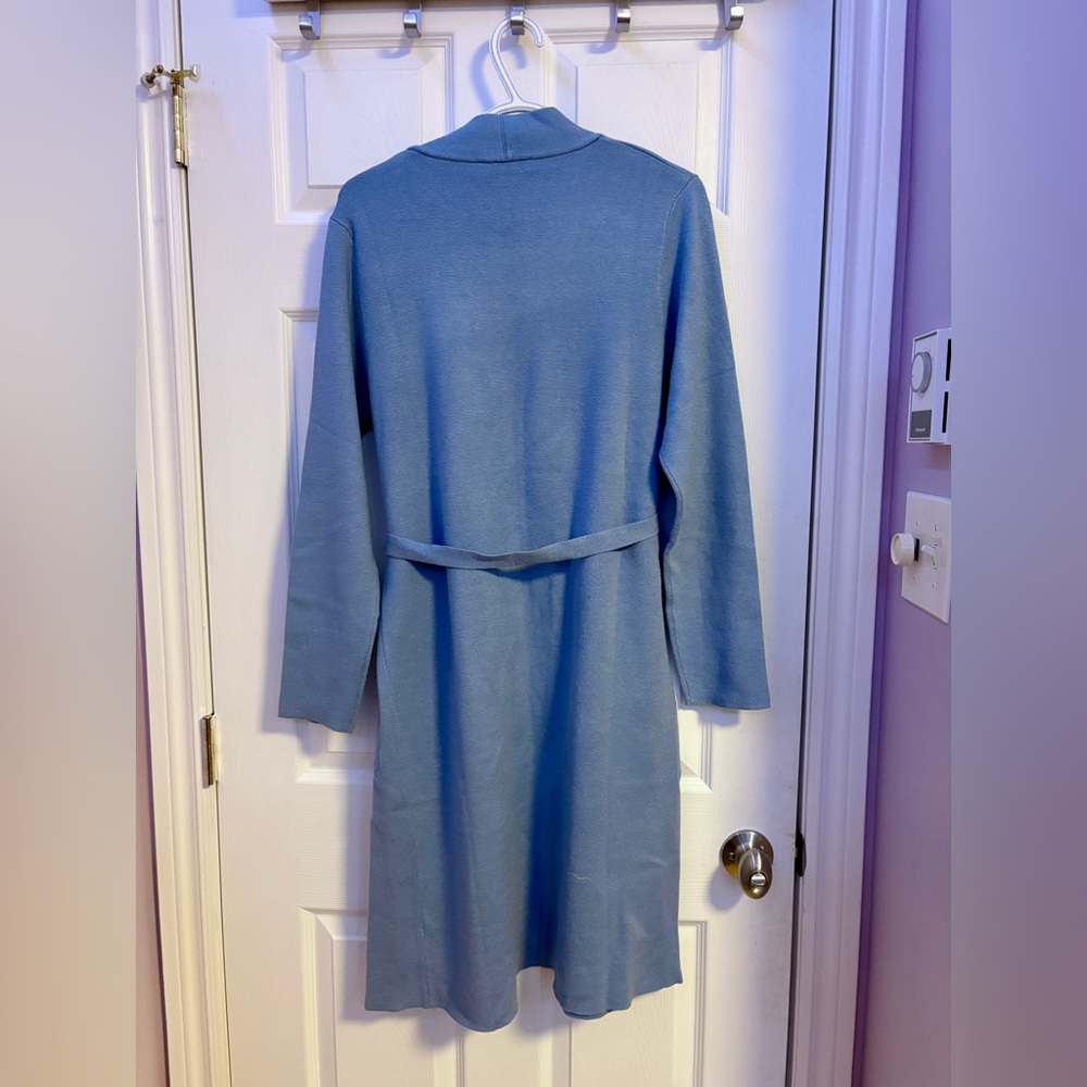 Ricki’s long sweater with belt, sky blue, size Large